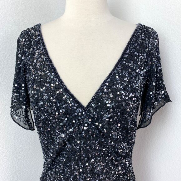 Vintage Black Bead Sequin Maxi Evening Dress Size 6 Formal Party Glam Goth Noir - Picture 3 of 13
